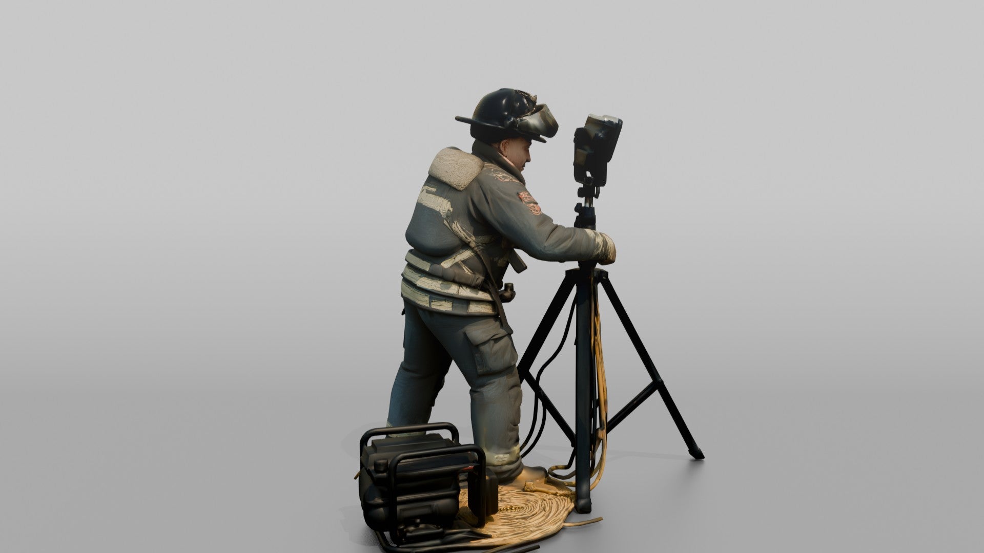 Firefighter Man Operating a Portable Floodlight Tripod