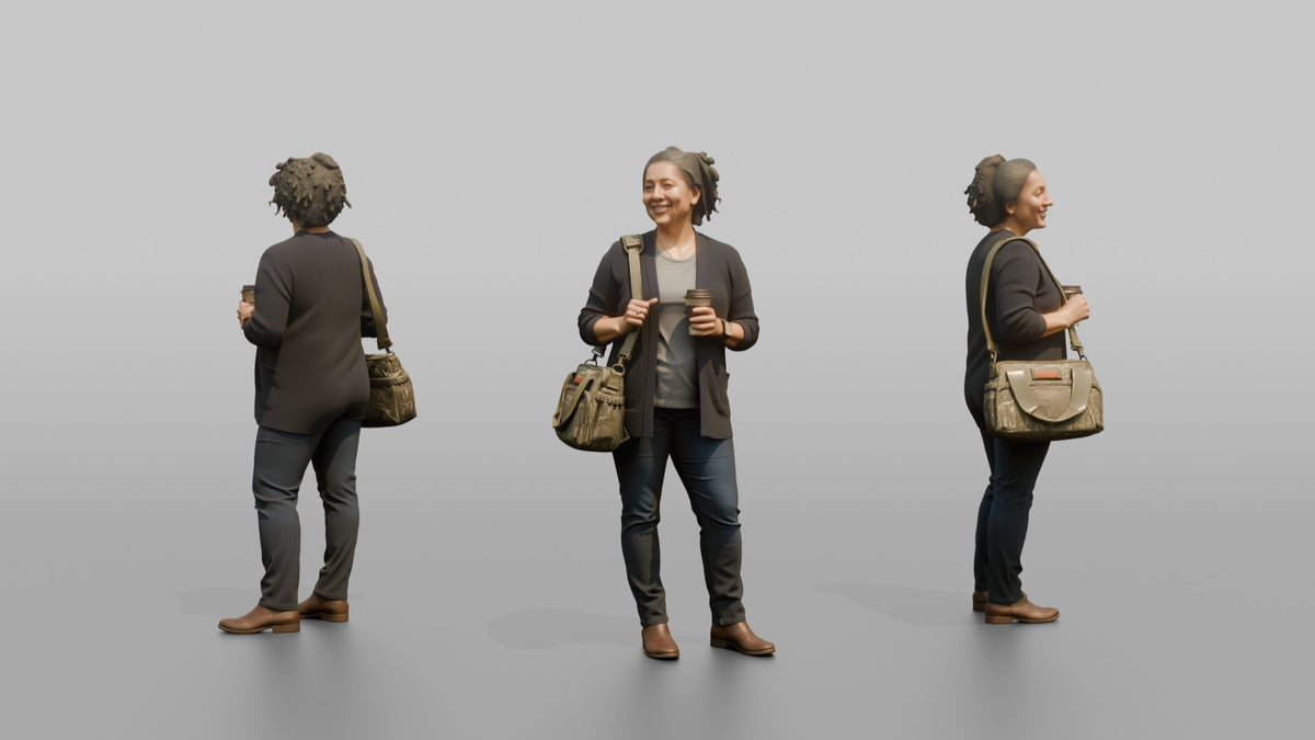 Mother Carrying A Diaper Bag And A Coffee Cup - 3D character model, view 1