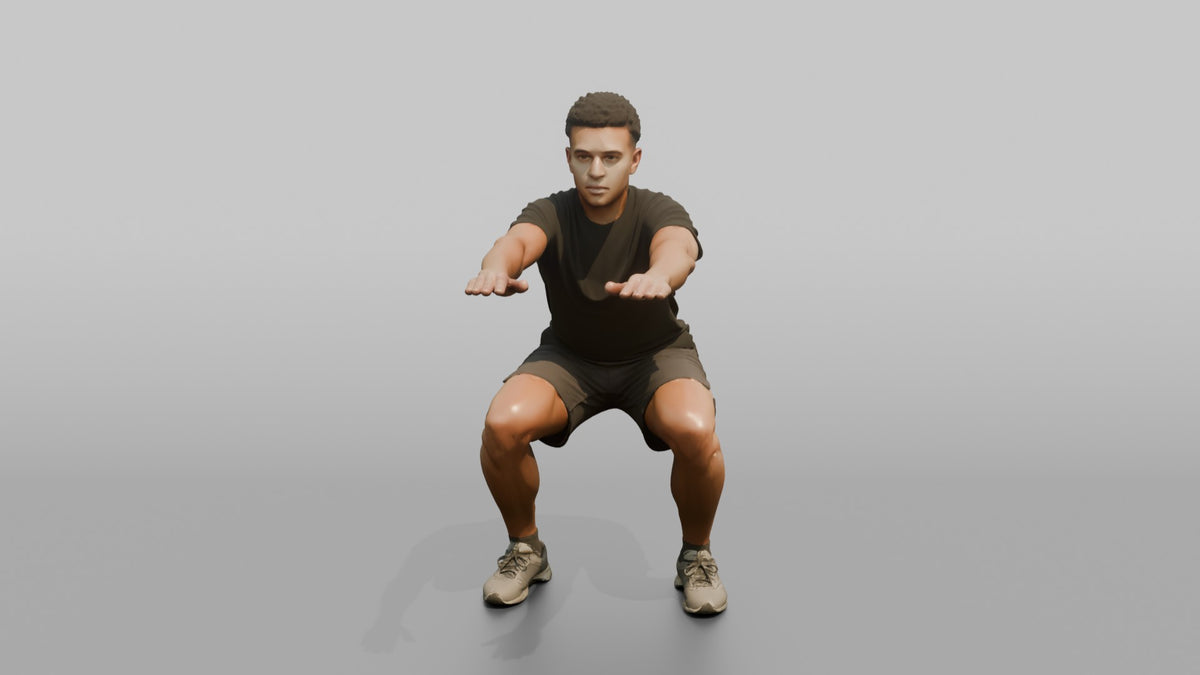 Bodyweight Athlete Man Doing A Bodyweight Squat, Arms Extended Forward - 3D character model, view 4