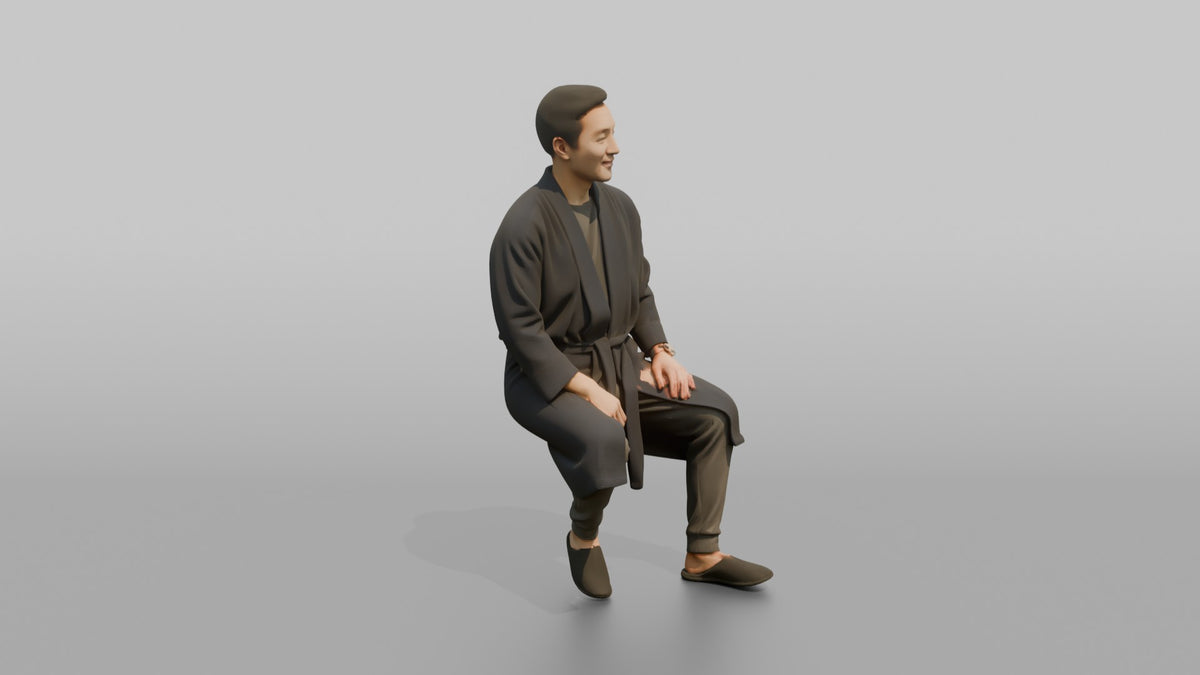 Spa Client Woman Sitting On A Stool Getting Ready, Robe Half-tied - 3D character model, view 2