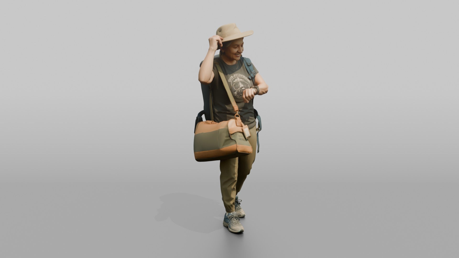 Traveler Adjusting Her Sun Hat