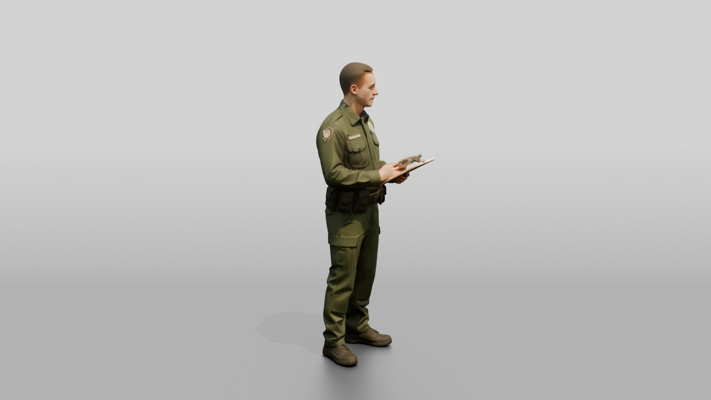 Caucasian Male Guard in a Dark Green Tactical Uniform