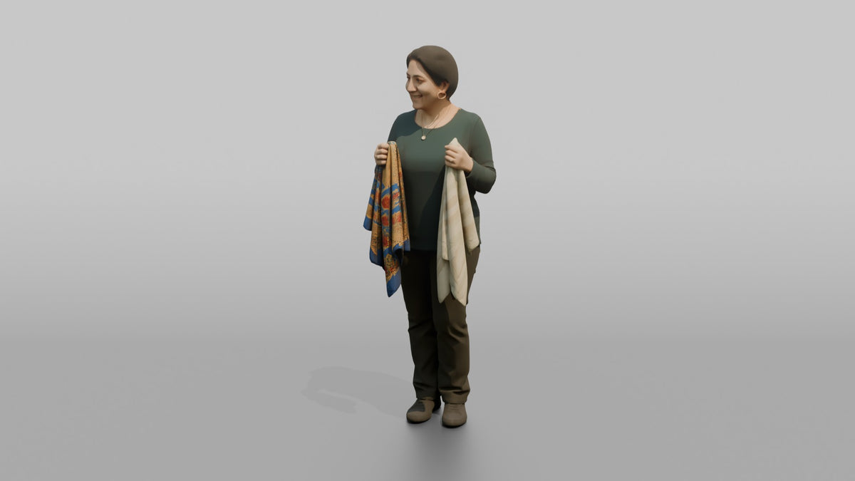 Woman Customer Holding Two Different Colored Scarves Side By Side - 3D character model, view 4