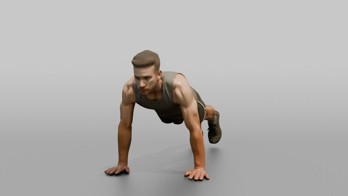 Fitness Influencer Man Mid Burpee, Hands On The Ground - 3D character model, view 4
