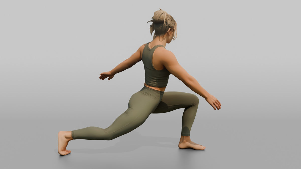 Fitness Influencer Woman In A Low Lunge Position - 3D character model, view 3