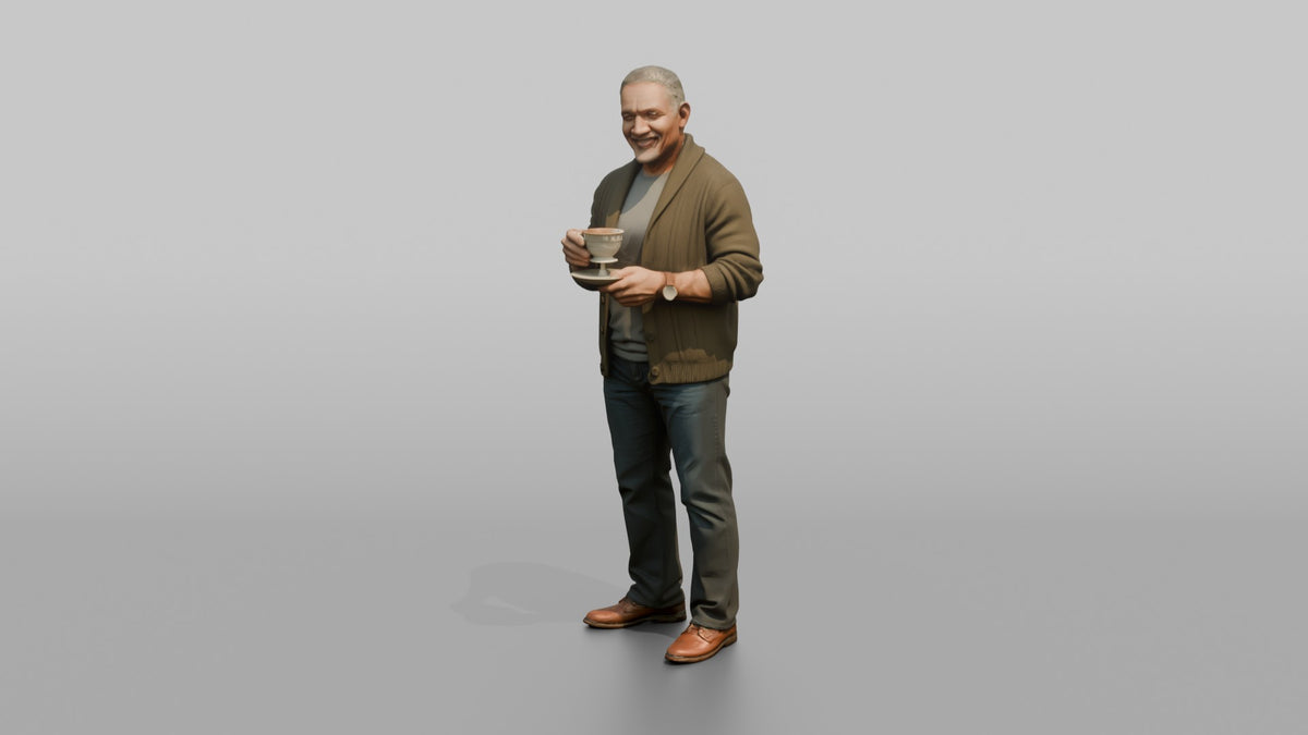 Grandfather Holding A Teacup And Saucer - 3D character model, view 4