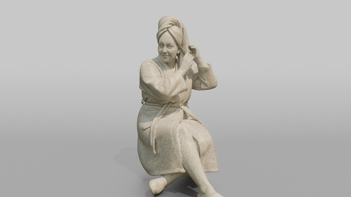 Spa Client Woman Sitting In A Robe, Adjusting A Hair Towel - wireframe topology preview