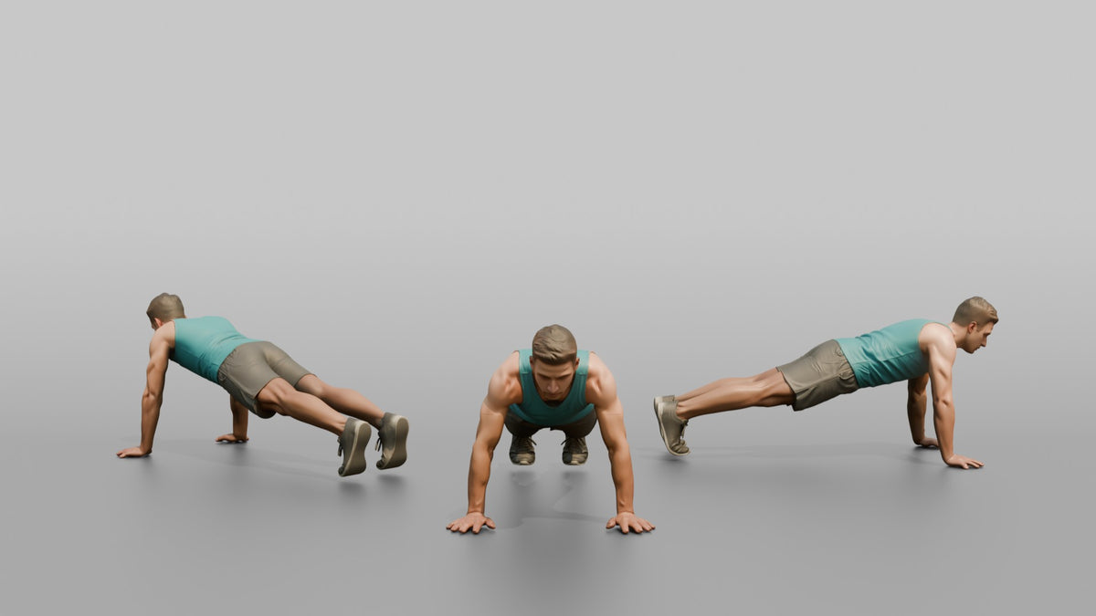 Bodyweight Athlete Man Mid-burpee, Hands On The Ground - 3D character model, view 1