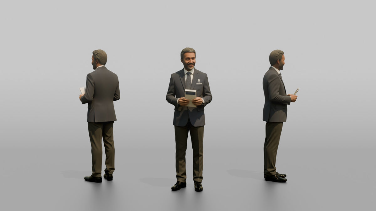 Receptionist Man Holding A Folded Hotel Map - 3D character model, view 1