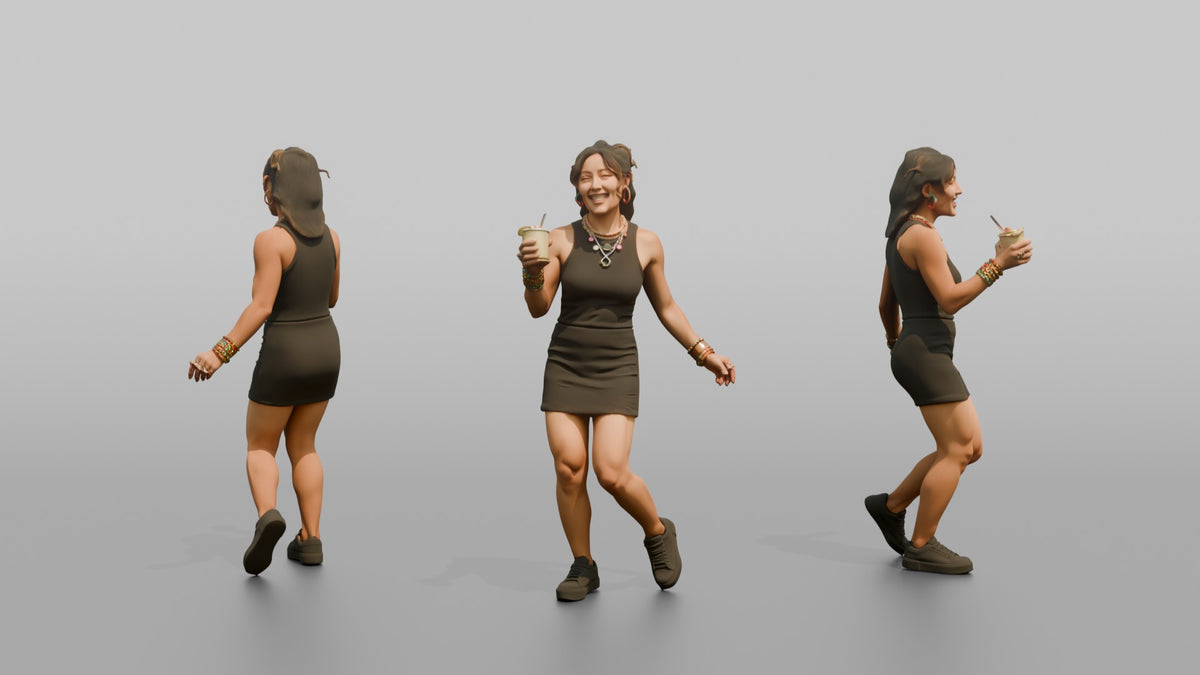 Patron Woman Wearing Chunky Colorful Jewelry, Dancing With A Drink In Hand - 3D character model, view 1