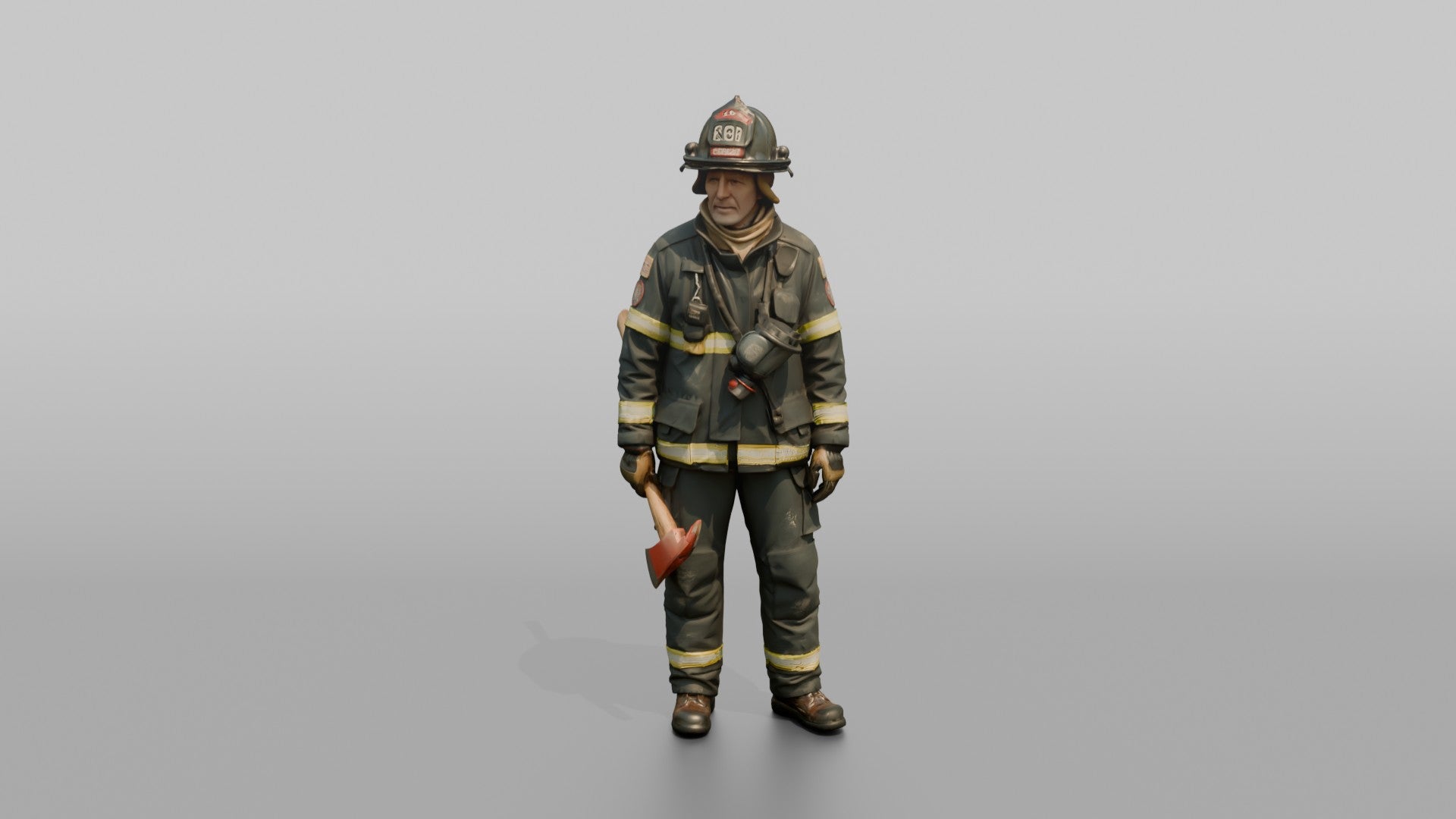 Firefighter Man Holding an Axe Down By His Side