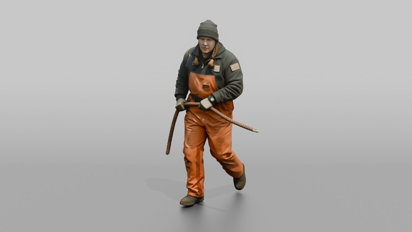 Deckhand Hauling a Fender Toward the Railing