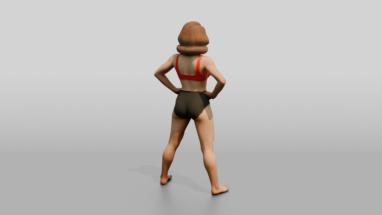 Woman in Red Two-Piece Swimsuit Wide Stance Hands on Hips
