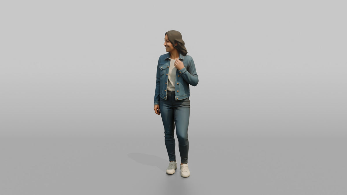 Woman Customer Trying On A Denim Jacket - 3D character model, view 4