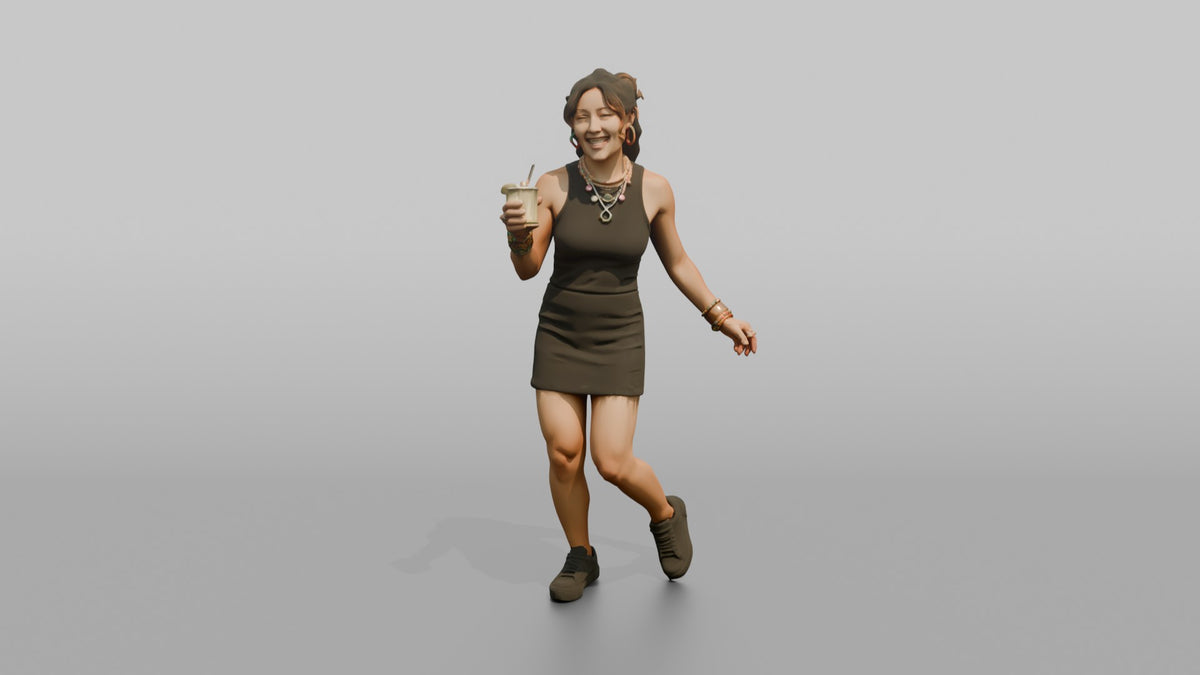 Patron Woman Wearing Chunky Colorful Jewelry, Dancing With A Drink In Hand - 3D character model, view 5