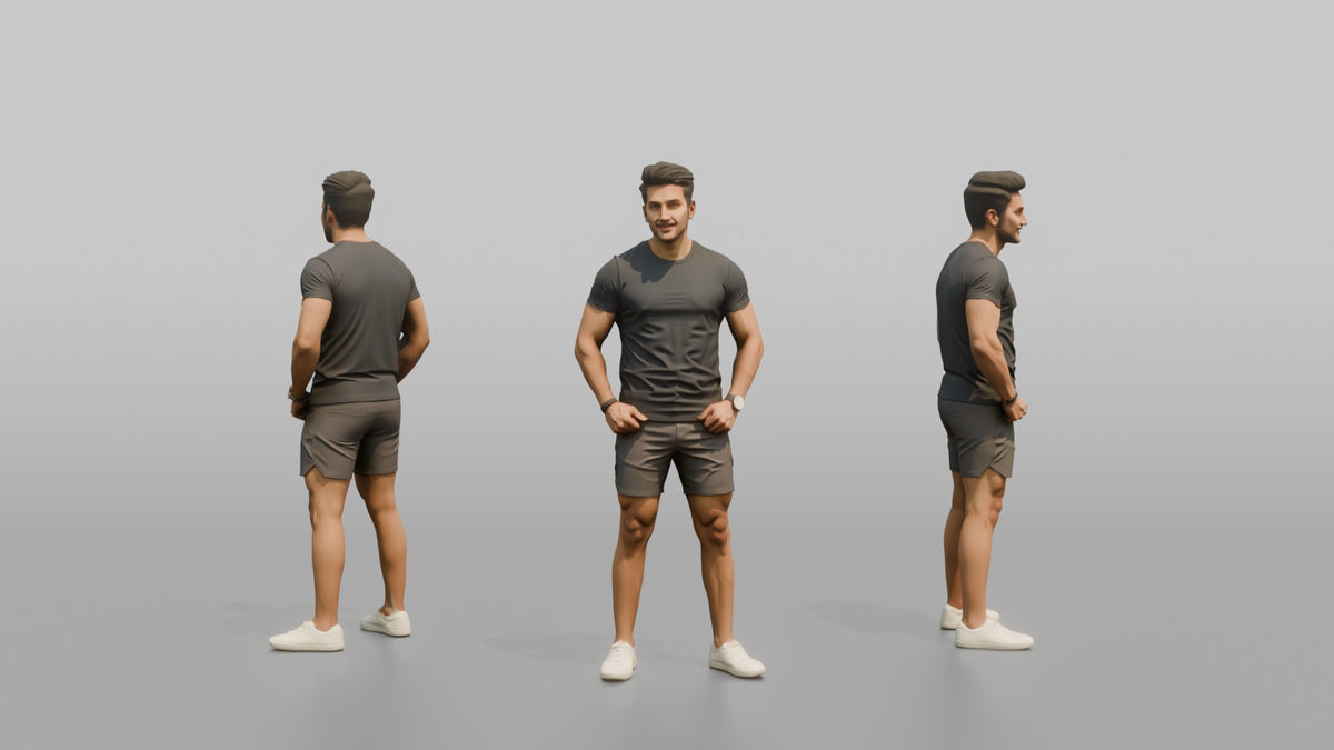 Fitness Influencer Man Standing Confidently, Thumbs Hooked In Waistband - 3D character model, view 1