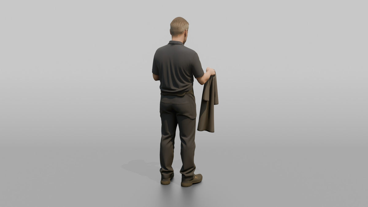 Man Cashier Scanning A Barcode On A Shirt With A Handheld Scanner - 3D character model, view 3