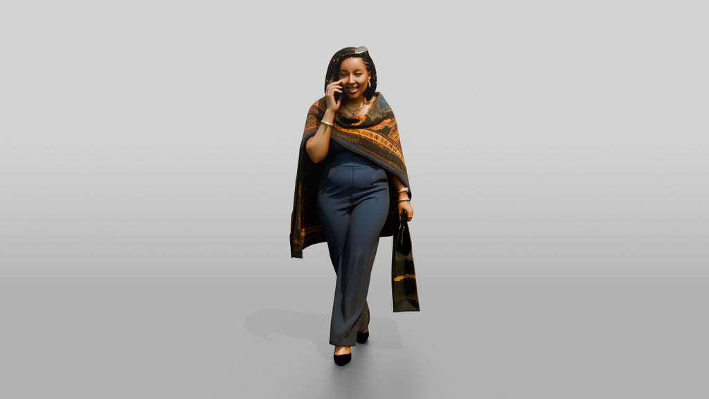 Woman in Printed Wrap Shawl Talking on the Phone