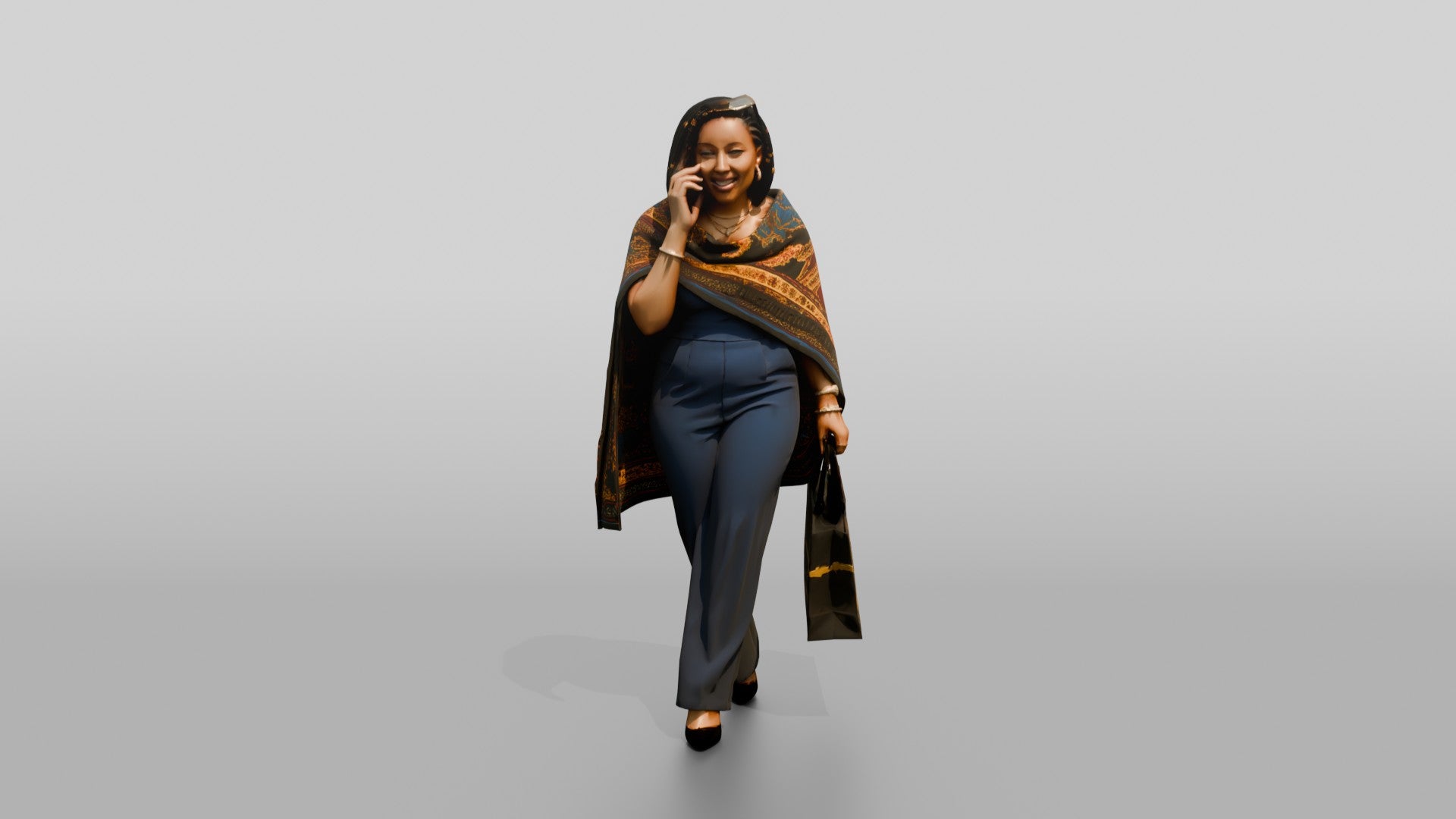 Woman in Printed Wrap Shawl Talking on the Phone