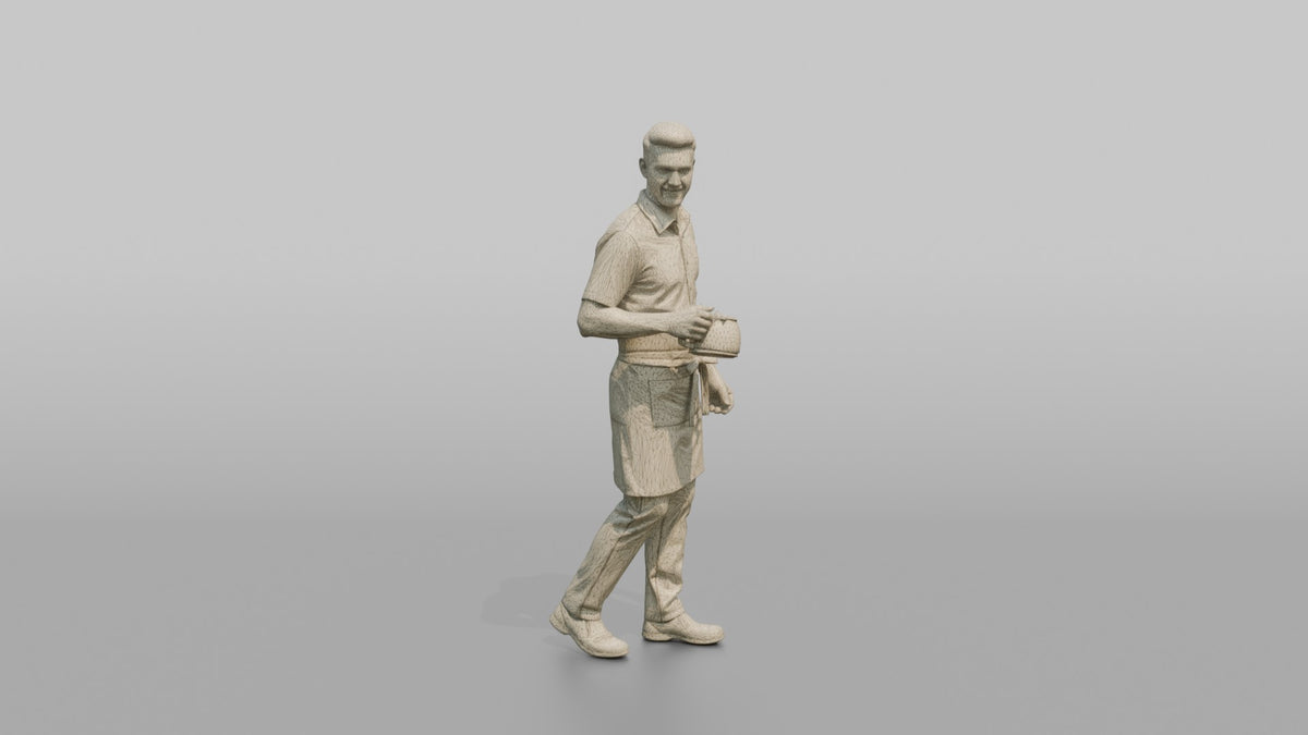 Server Man Carrying A Coffee Pot In One Hand - wireframe topology preview