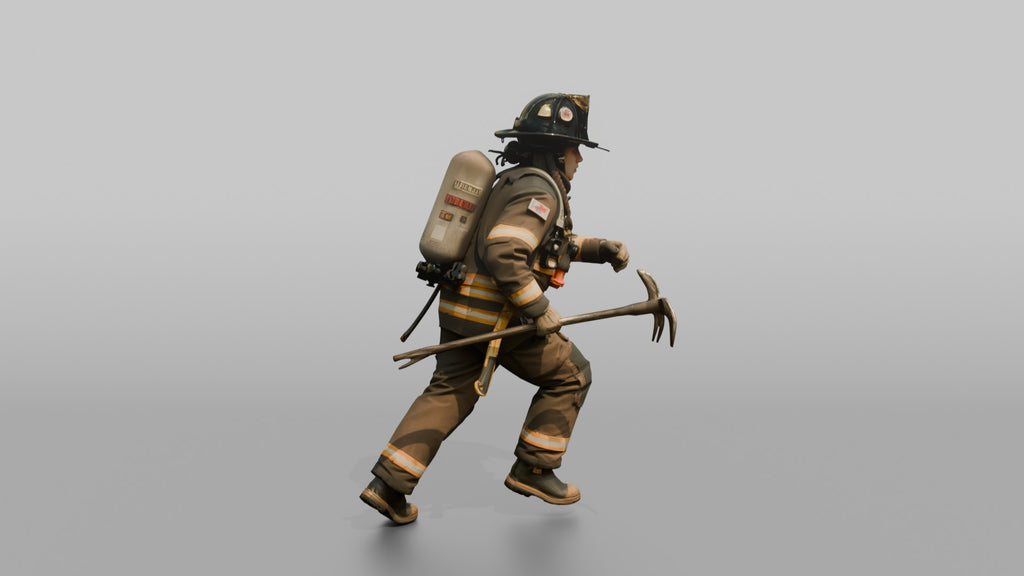 Firefighter Woman Running Forward with a Halligan Bar