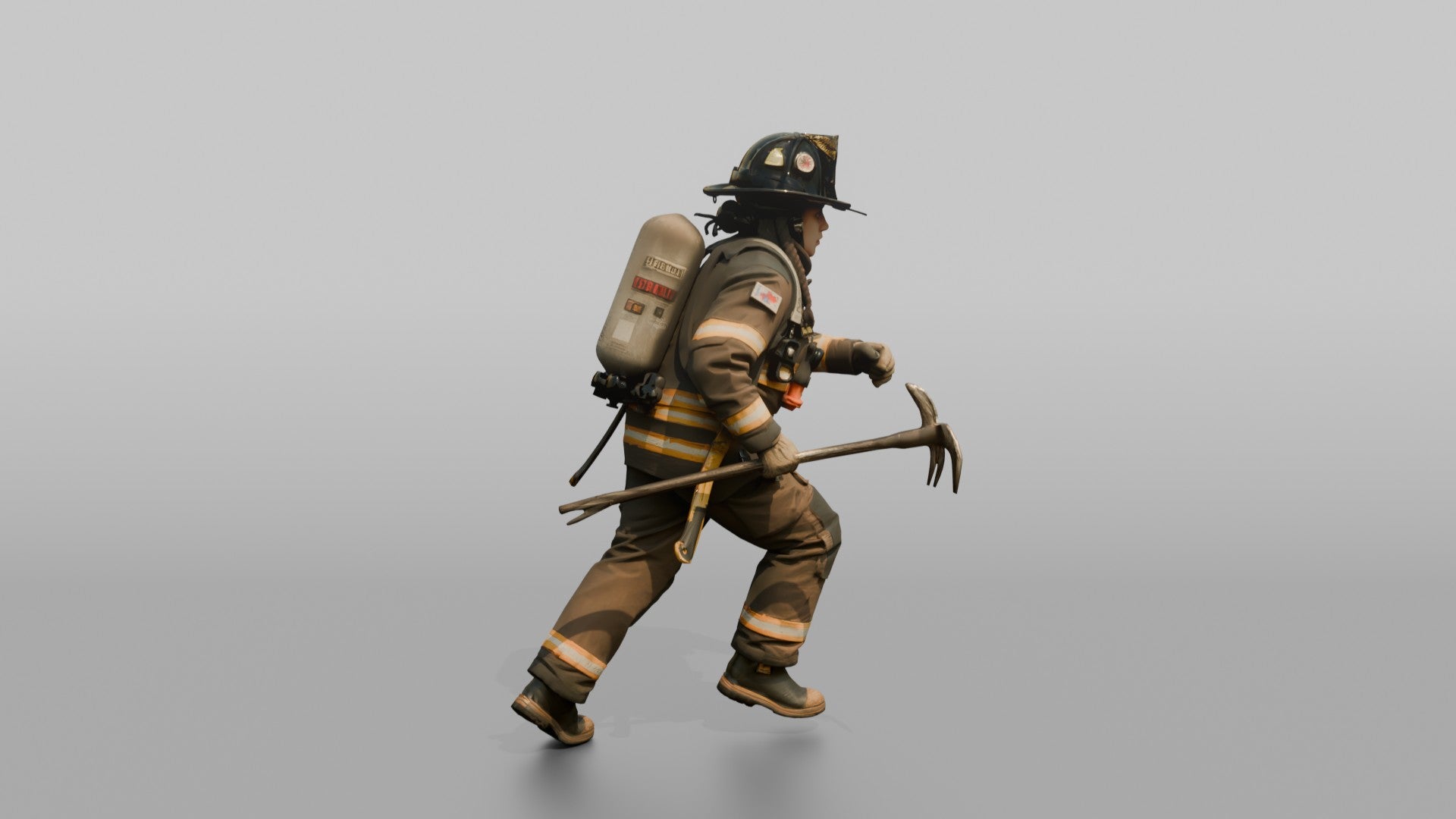 Firefighter Woman Running Forward with a Halligan Bar