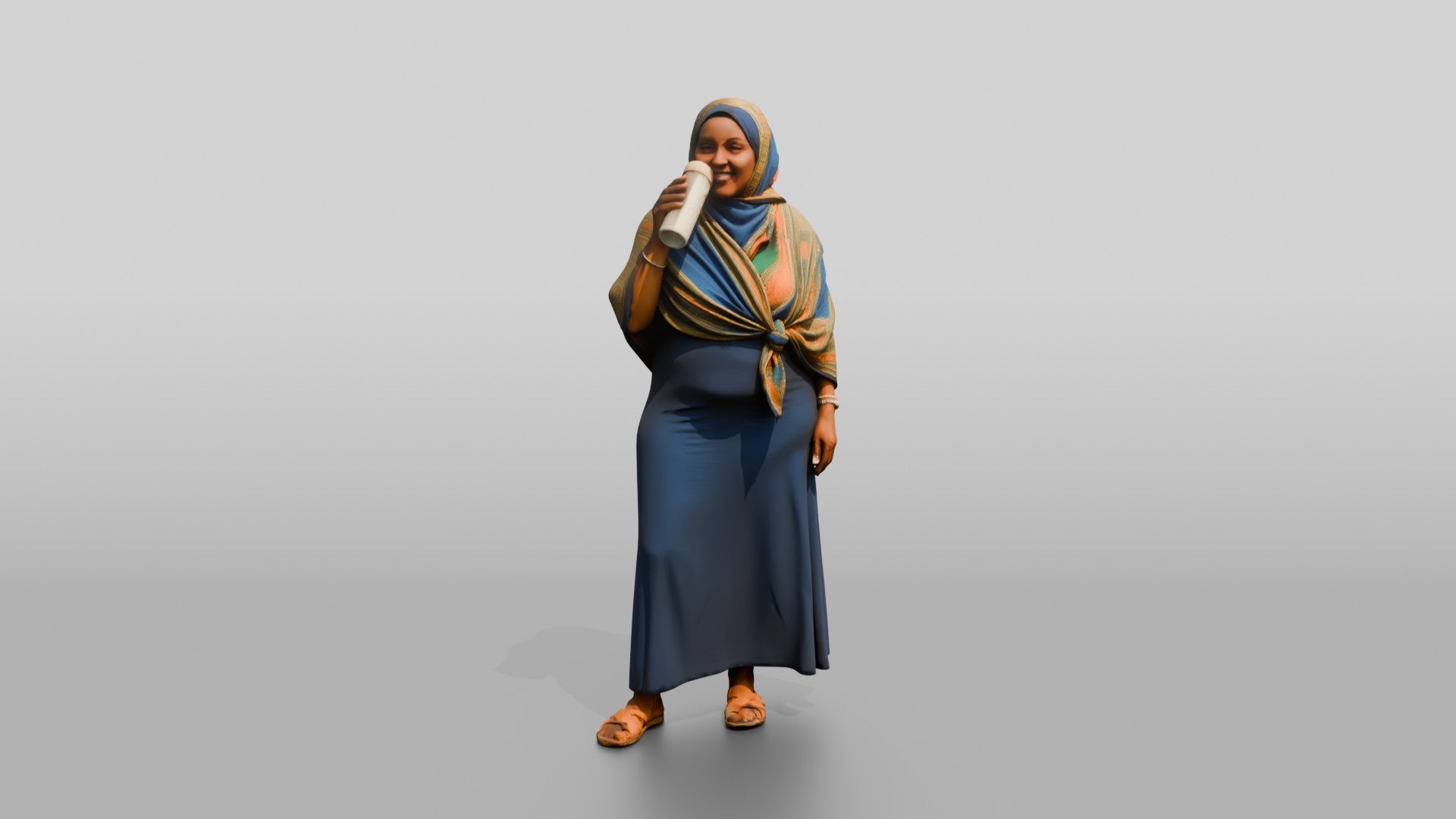 Curvy African Woman in a Headscarf Sipping Water