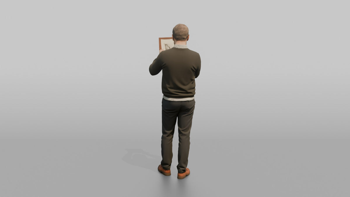 Man Customer Holding Up A Picture Frame To Inspect It Closely - 3D character model, view 3