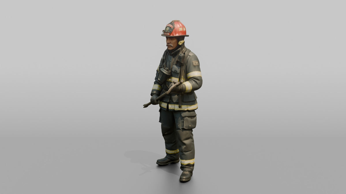 Firefighter Man Wielding a Halligan Entry Tool - 3D character model, view 4