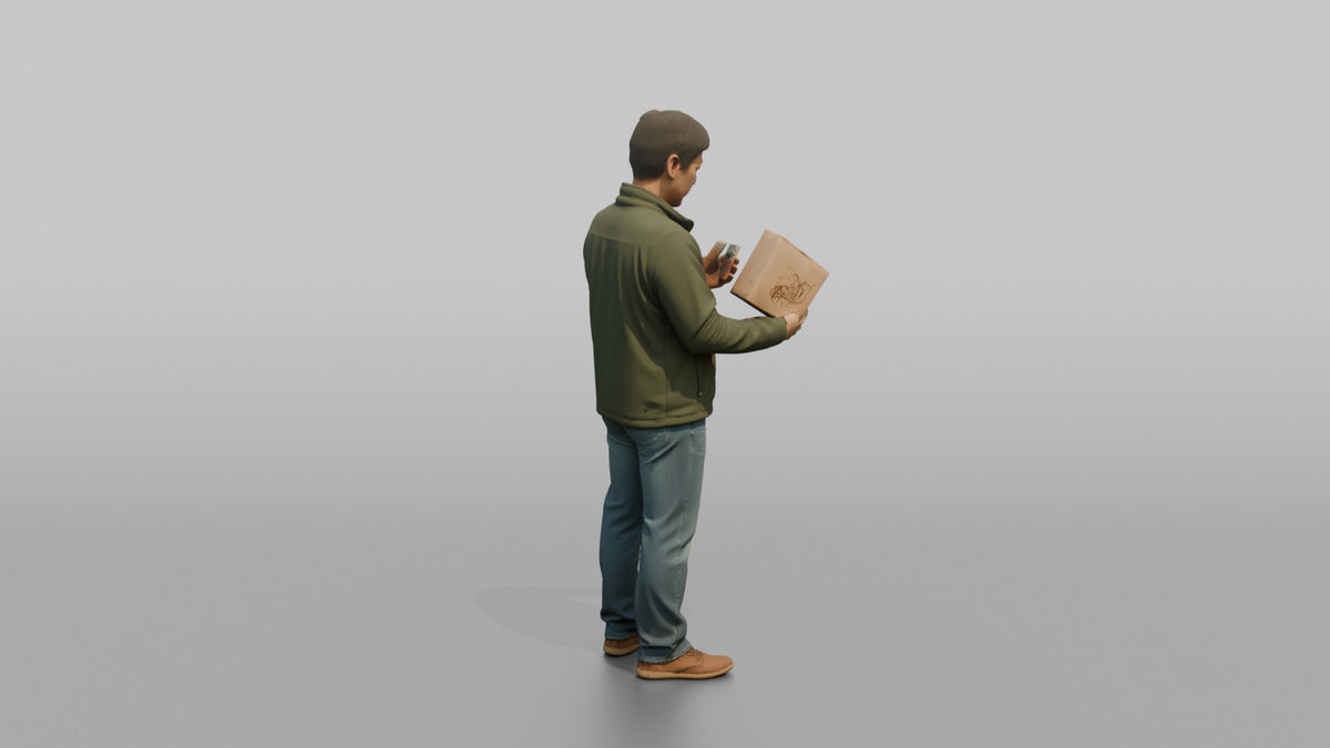 Man Customer Comparing Prices On His Phone While Holding A Product - 3D character model, view 3