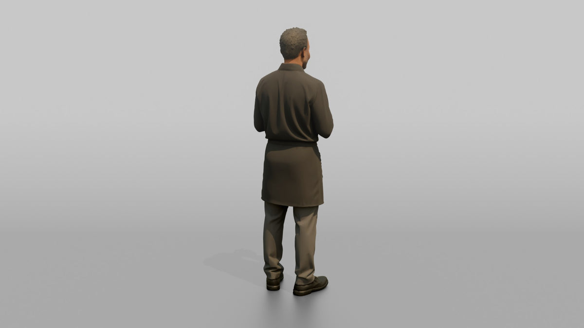Server Man Holding A Small Notepad, Pointing At It - 3D character model, view 3