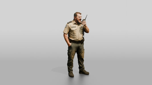 White Male Guard in a Khaki Guard Uniform - 3D character model, view 1
