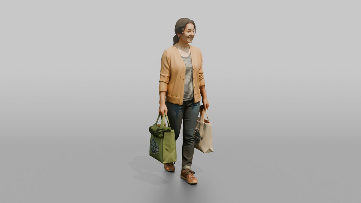Mother Carrying Two Reusable Grocery Bags - 3D character model