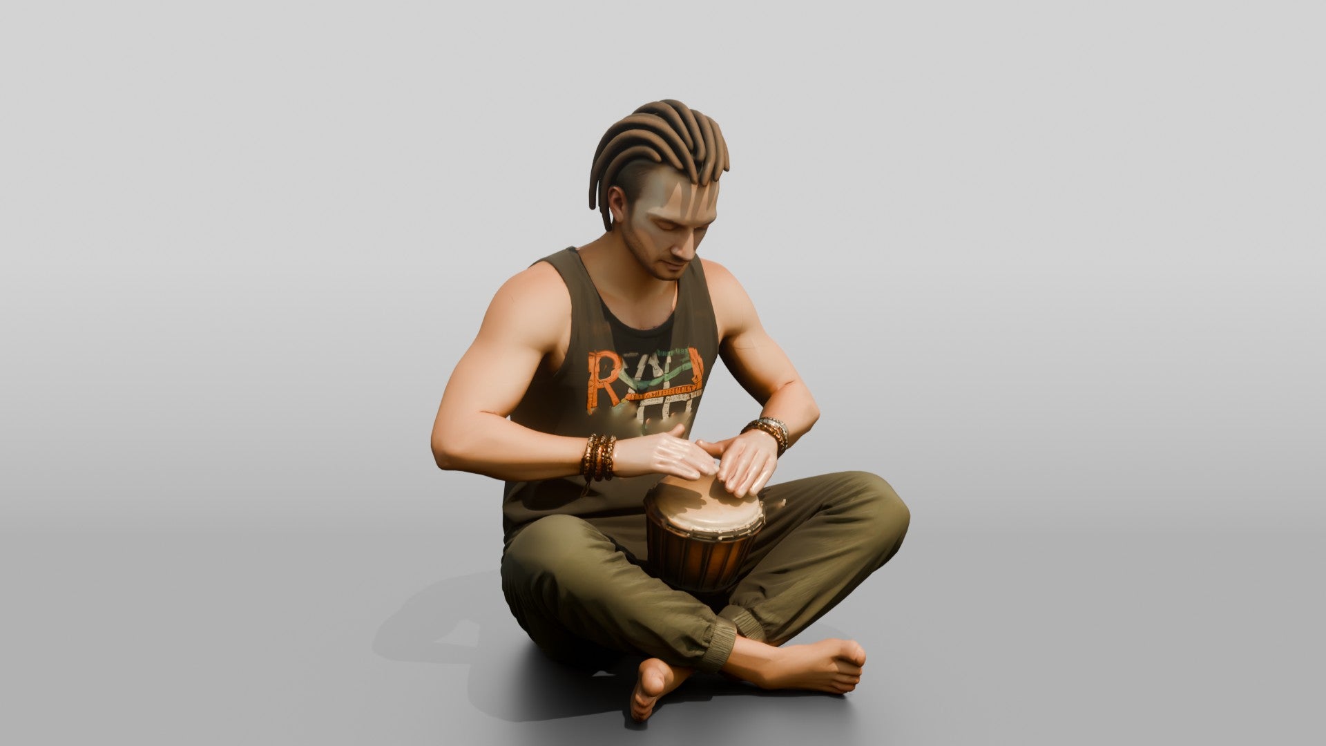Hippie Man Playing a Djembe Drum