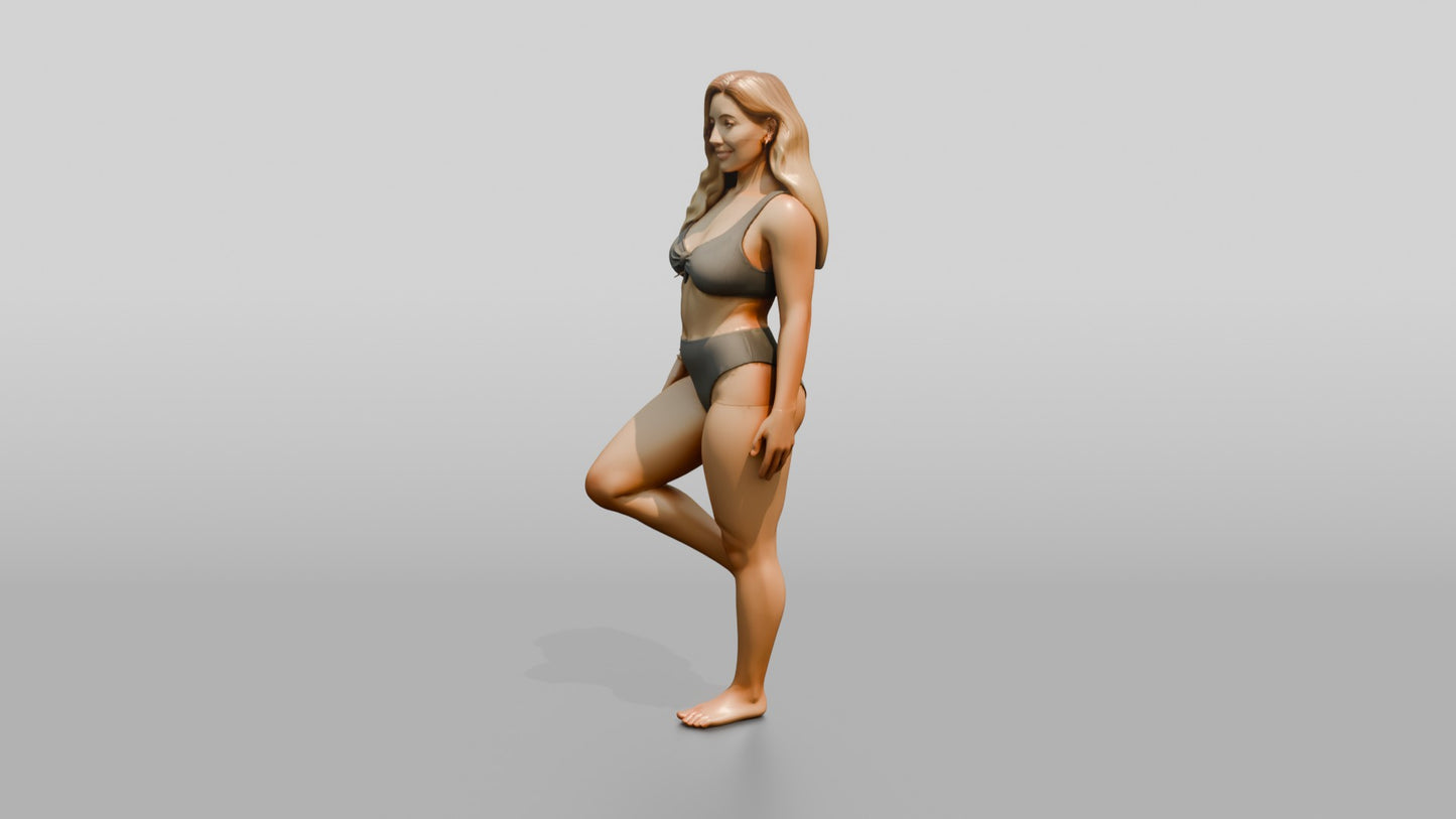 Blonde Curvy Woman in Taupe Two-Piece Swimsuit Tree Pose