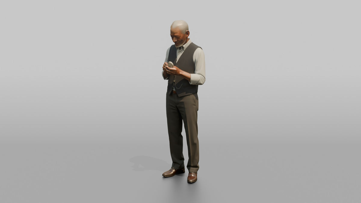 Grandfather Holding A Pocket Watch, Checking The Time - 3D character model, view 4