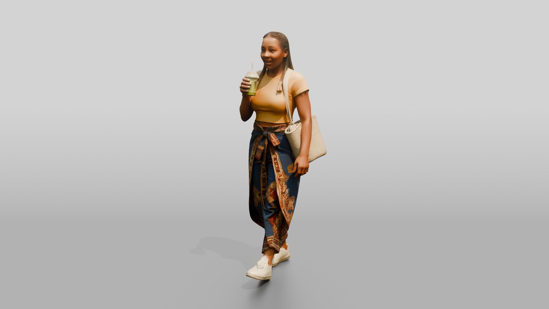 Curvy African Woman Drinking a Smoothie in Wrap Trousers