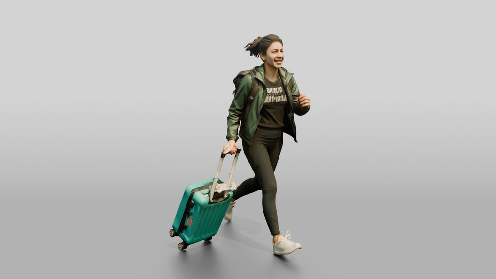 Woman Running Through Airport with Teal Suitcase and Backpack