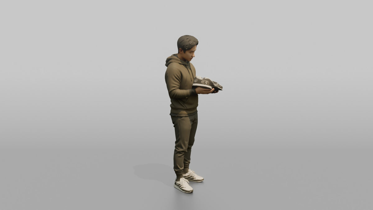 Man Customer Holding Up A Pair Of Sneakers To Inspect Them - 3D character model, view 2