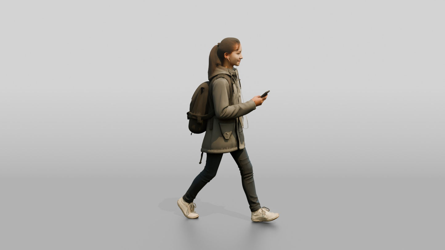 White Teen Girl Listening to Music in Grey Raincoat