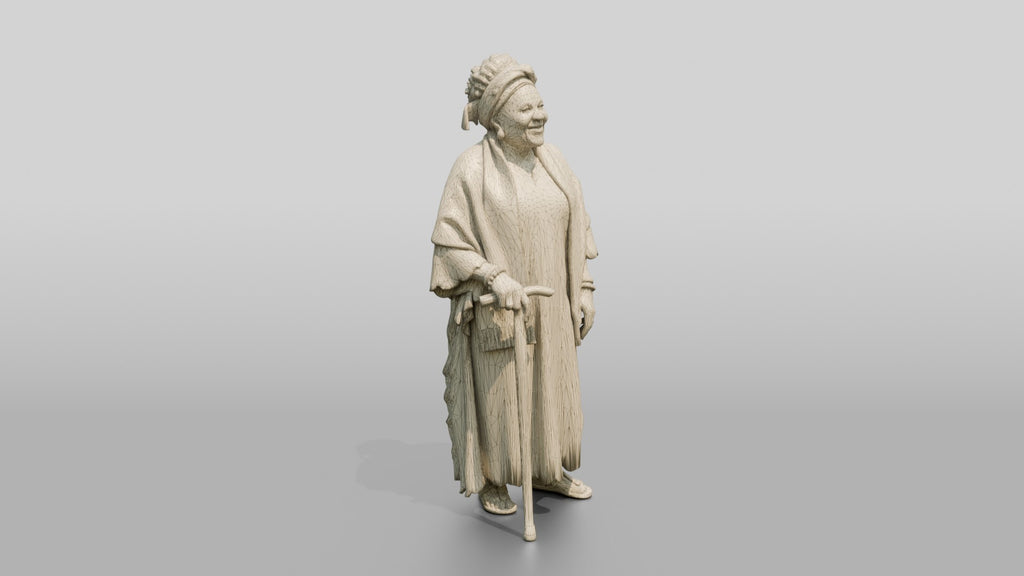 Elderly African Woman with a Walking Stick in a Lace Gown