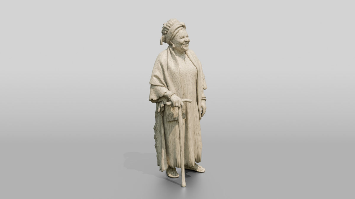 Elderly African Woman with a Walking Stick in a Lace Gown - wireframe topology preview