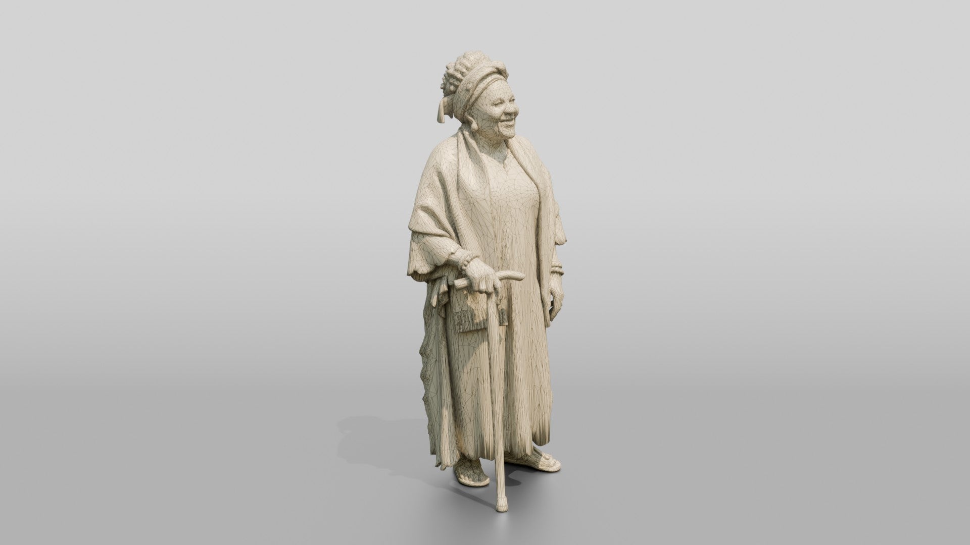 Elderly African Woman with a Walking Stick in a Lace Gown