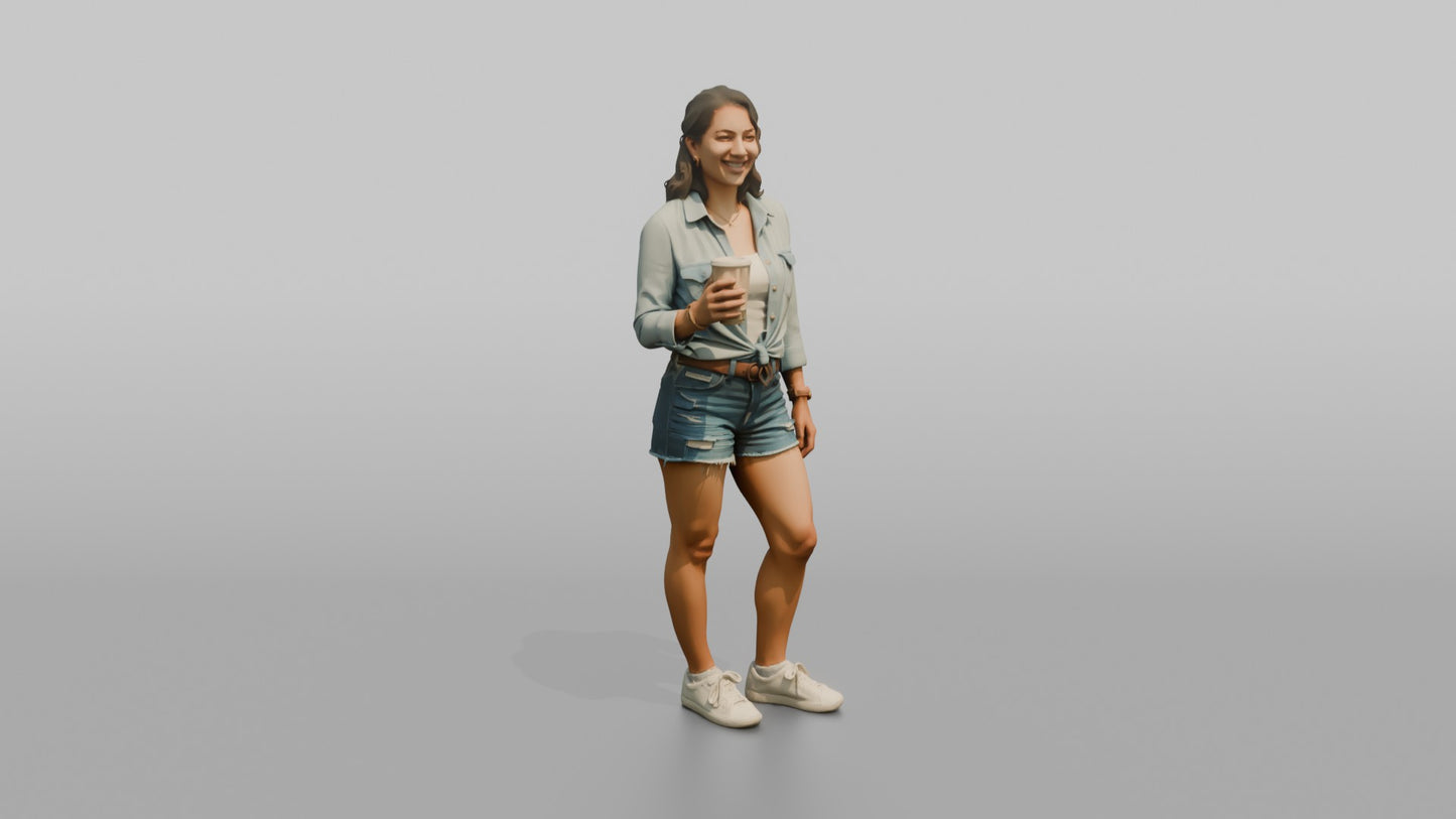 Vacationer Wearing Denim Shirt Tied At Waist And