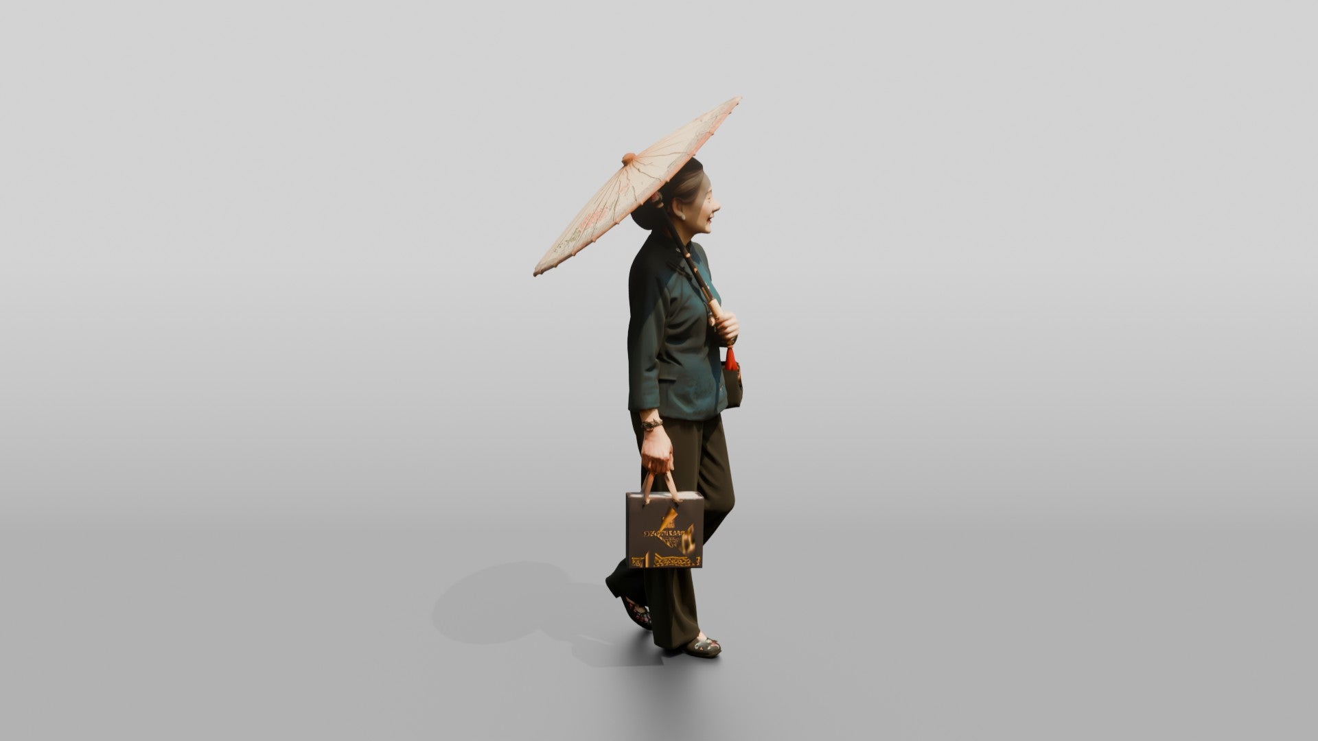 Elderly Chinese Woman in Qipao with Paper Umbrella