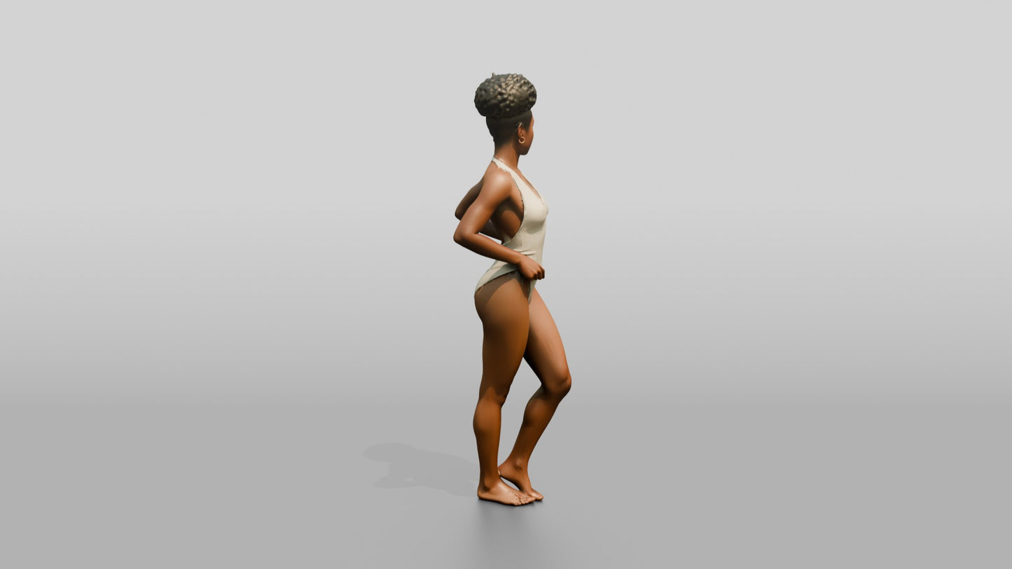 Black Woman in Ivory One-Piece Swimsuit Hand on Hip