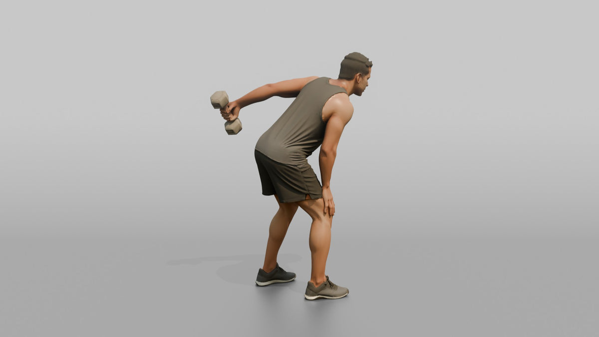 Weightlifter Man Performing A Tricep Kickback With A Dumbbell - 3D character model, view 3