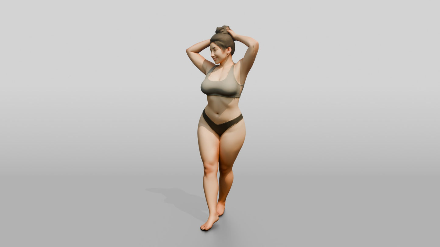 Curvy Woman in Olive Two-Piece Swimsuit Arms Raised