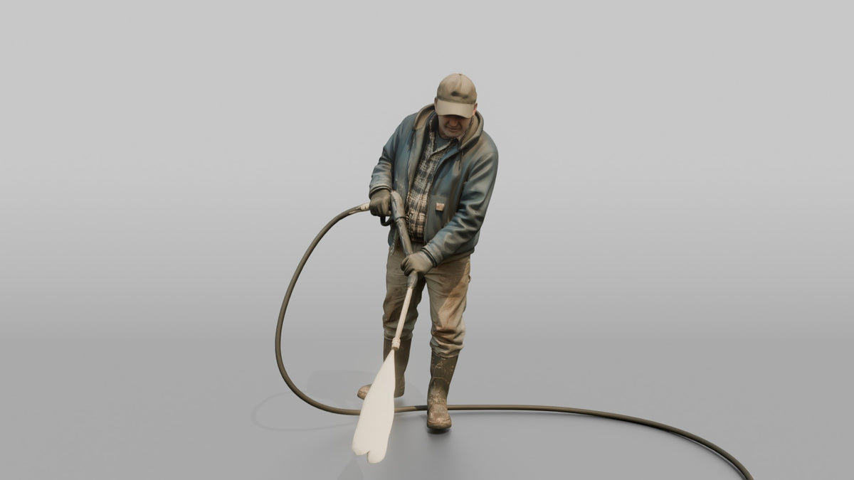 Farmer Spraying Down Concrete Barn Floor - 3D character model, view 4
