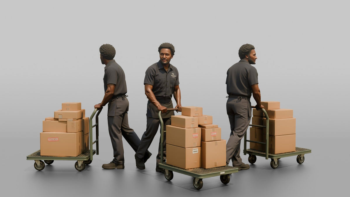 Man Stock Clerk Pushing A Flatbed Cart Loaded With Boxes - 3D character model, view 1